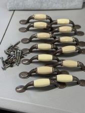Set of 13 Vintage Antique Brass Almond Ceramic Drawer Pulls 3