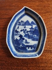 Antique Canton Blue White Export Teardrop Leaf Shape Tray Plate Dish picture