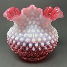 Vintage Fenton Frosted Opalescent Cranberry Hobnail Ruffled Rim Vase 5” X 6” picture