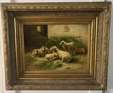 Antique Large 19th Century English Sheep In Barnyard Original Oil Painting picture