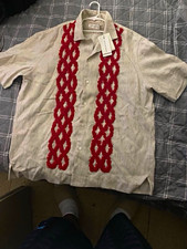 Dries Van Noten Carlton Men's Dress Shirt Ecru/Red Embroidered Size 52 picture