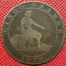 Spain 1870-OM Bronze 5 Centimos. One Year Type. KM# 662 picture