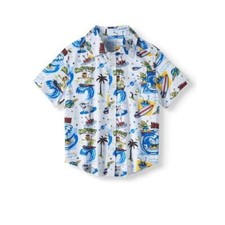 365 Kids Boy's Short Sleeve Woven Print Shirt, Surf, Waves, Sharks White Size 10 picture