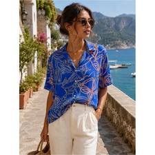 Zara Tropical Print Camp Collar Button Front Shirt Blouse Blue Orange Women's S picture