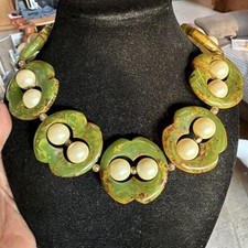 Vintage OOAK Rare 102g Spinach Green Brown Bakelite Necklace Choker Chunky Beads picture