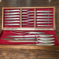 Vintage Gerber Legendary Blades Miming 17 Pc Steak Carving Knife Set Wood Case picture