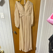 Fashion Beige Chiffon Pleated Long Sleeve Long Bridesmaid Dress Regular picture