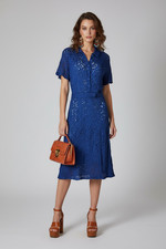 Vtg 30s 40s GLENGYLE Electric Blue Sheer RIBBON Knit CROCHET Shirt Dress S Belt picture