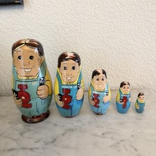 Vintage Russian nesting doll set hand painted Business Men Workers Mechanic picture