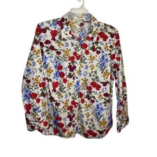 Talbots Womens XL Beige Red Blue Floral Cotton Long Sleeve Button Down Shirt picture