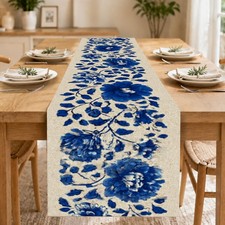 Nuxovilar Table Runner, Flax Table Runner 13x72 Inches - Blue Floral Country Tab picture