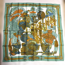 HERMES Carre 90 Armets en Panache Silk Scarf Green Gold Helm Annie Faivre France picture