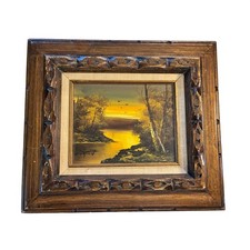 VTG Signed Original Oil Painting River Sunset Ornate Wood Frame MCM 15.5x17.5x3