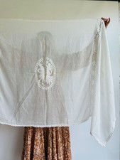 Antique White Linen Lace Tablecloth Cherub Figural Italian Renaissance 76x34 picture