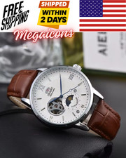 Sun & Moon Semi Skeleton Automatic Watch Men's Leather Strap Luxury Gift picture