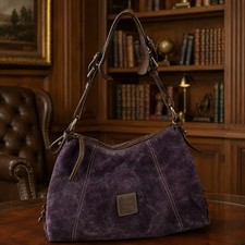 AGE REVIEW Dooney and Bourke Purple Suede Shoulder Bag with Leather Trim picture