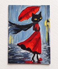 She Just Checked The Mail Cat ACEO Hand Painted Original Funny Rain Art picture