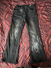 ROMWE Women’s Black Dark Wash Denim Bootcut Jeans Embroidered Spiderweb 1XL picture