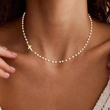 Gold Pearl Cross Necklace for Women  Dainty Sidways Cross Pendant Necklace Pe... picture