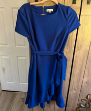 Calvin Klein Blue Crepe Fit & Flare Round Neck Belted Dress, Sz 4 picture
