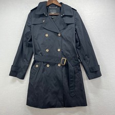 Talbots Trench Coat Womens 12P Black Double Breasted Belted Classic Petite picture