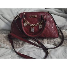 Guess Burgundy Red Quilted Patent Logo Dome Satchel Crossbody Bag Gold Charms picture