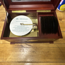 Vintage Mr. Christmas Holiday Music Box Wooden Case 16 Disc Set Glass Top Video picture