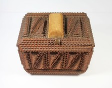 Antique TRAMP ART SEWING BOX Handmade Wood Carving Folk Art Lady's Needlecraft picture