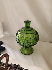 Vintage MCM LE Smith Glass Green Moon And Star Lidded Candy Dish Compote READ picture