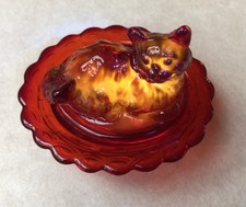 Mosser Glass Red Cat on Nest Miniature Covered Dish Salt Cellar GLOWS picture