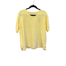 Flax by Jeanne Engelhart Yellow 100% Linen Short Sleeve Blouse Top Medium picture