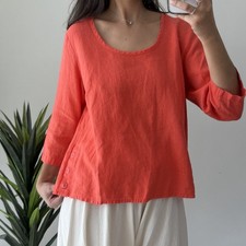 Flax Linen Blouse Womens Small Coral Button Side Tunic 3/4 Sleeve Boho Tunic picture