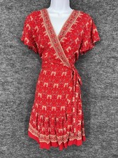 ZESICA Dress Womens L Red Floral Wrap V Neck Flutter Sleeve Boho Sundress picture