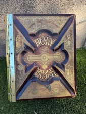1885 HOLY BIBLE illustrated PARALLEL beautiful LEATHER antique OLD family BIBLE picture