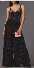 NWT Hutch Anthropologie Tiered Burnout Velvet Black Floral Jumpsuit Sz 2 XS $228 picture