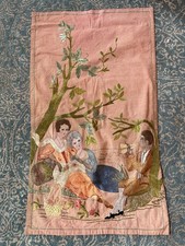 Antique 1920s French Art Deco Boudoir Wall Hanging Painted Embroidered Figures picture