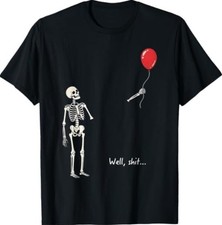 Funny Skeleton Red Balloon Graphic Tee Halloween Skeleton Art Casual T Shirt` picture