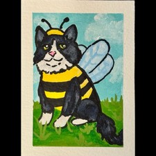 ACEO Original Mysticmort.studio 2.5x3.5 Tuxedo Cat In A Bumblebee Costume picture