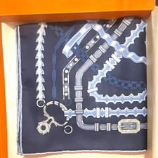 HERMÈS Printed Silk Square Scarf Belt Pattern Logo Navy Blue White Women picture