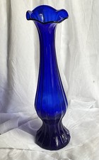 Vintage Cobalt Blue Paneled Art Glass Handkerchief Vase 19” MCM picture