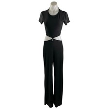 NEW Lulus Women's Black Rib Knit Cutout Open Back Flared Romper Jumpsuit Size M picture