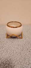 “Vintage Mid-Century Modern White Ceramic Planter with Gold Rim & Metal Stand picture