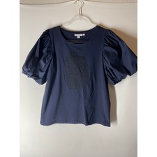 Chico's Navy Blue Puff Sleeve Palm Embellished Short Sleeve Blouse Top 1 Medium picture