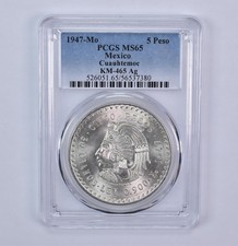 1947 Mo Mexico 5 Pesos Silver Cuauhtemoc KM-465 MS65 PCGS picture