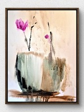 Original Expressionist Floral 11x14 Acrylic Canvas Signed Soft Neutral Art A177 picture