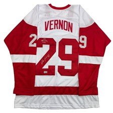 Autographed/Signed Mike Vernon Detroit White Hockey Jersey Beckett BAS COA picture