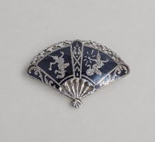 Vintage Siam Sterling Silver Fan Brooch – Thai Dancers Niello Enamel Pin | 4g picture
