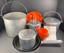 Vintage Mirro Aluminum Co Camp Cook Kit 18 Piece Set Serves 6 Red Plates & Cups picture