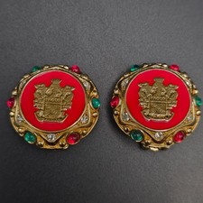 Vintage Paolo Gucci Red Enamel Coat of Arms Shield Clip On Earrings Rhinestone picture