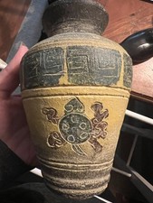 Unusual CHINESE POTTERY VASE-Ancient Looking-Incised Decoration-Green & Yellow picture